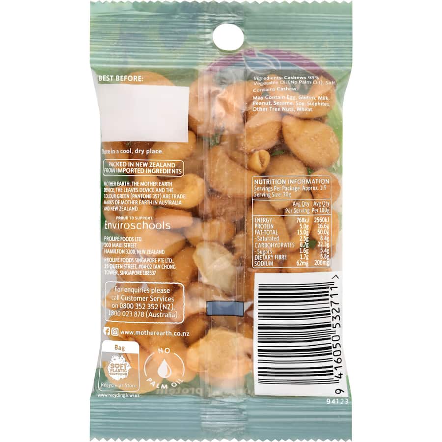 Lightly salted batch roasted cashews in a convenient palm-sized pack, perfect for a nutritious on-the-go snack.