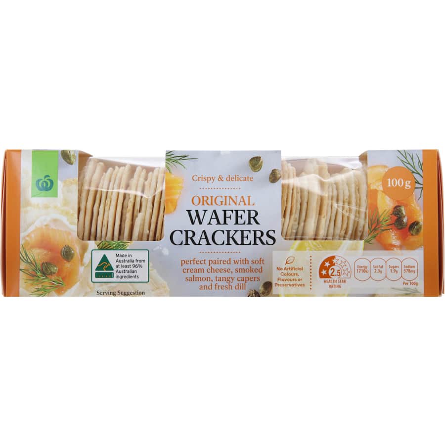 Crispy Woolworths Original Wafer Crackers, perfect for pairing with cheese or dips.
