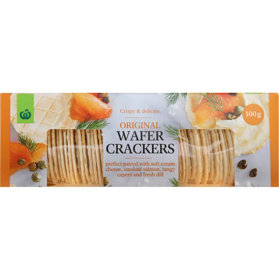 Crispy Woolworths Original Wafer Crackers, perfect for pairing with cheese or dips for a flavorful snack.