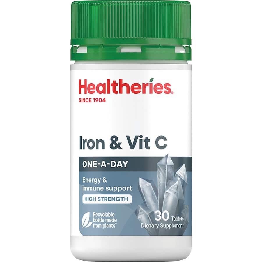 Healtheries Iron & Vitamin C capsules support energy, iron levels, and immune health with optimal absorption.
