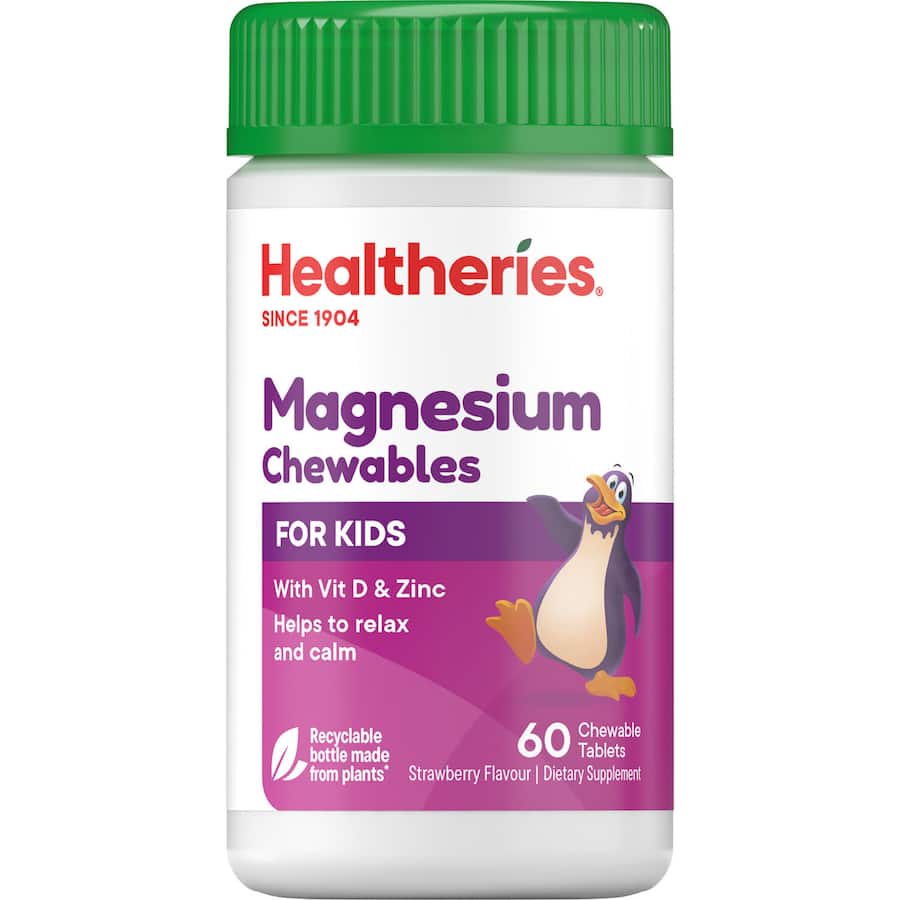 Chewable Kids' supplement with Magnesium, Vitamin D, and Zinc for health, immunity, and relaxation support.