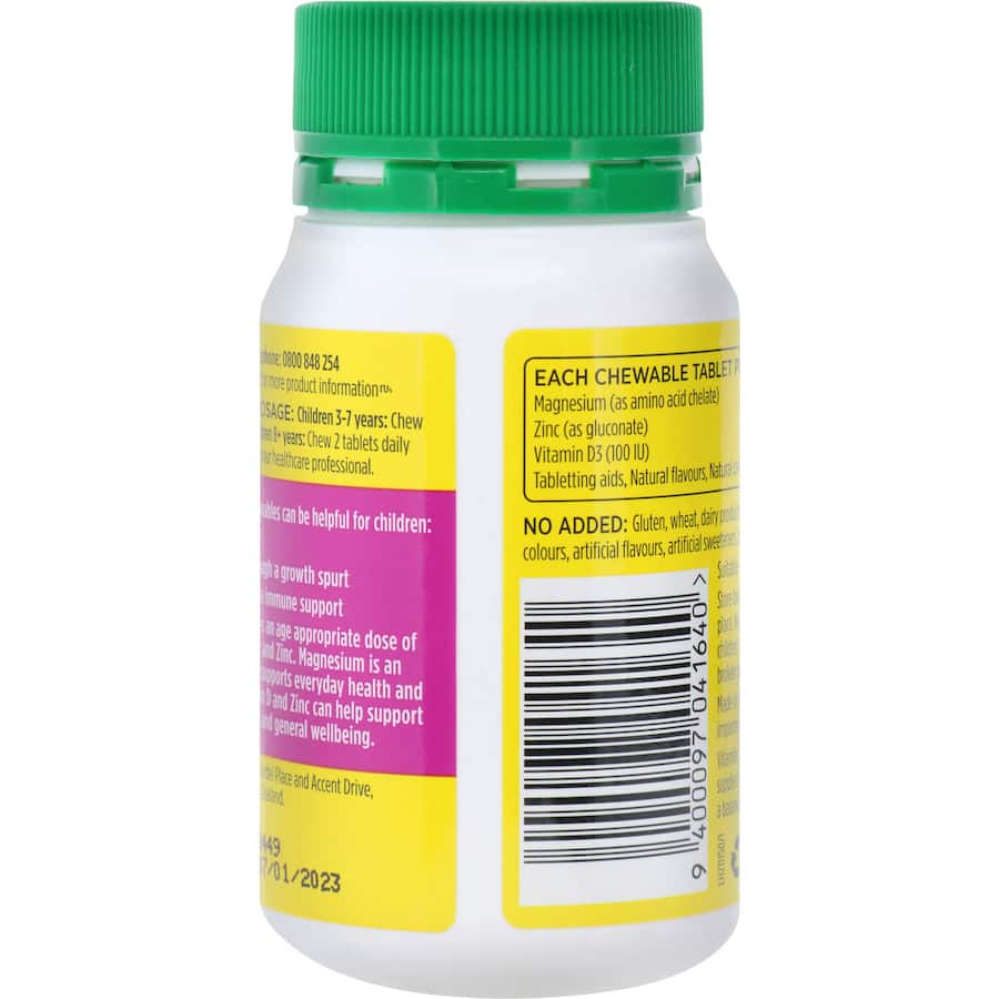 Chewable supplement for kids with magnesium, Vitamin D, and Zinc, supporting health, relaxation, and immunity.