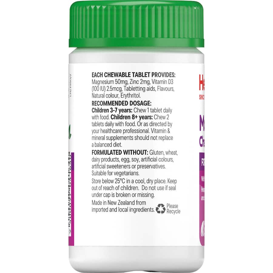 Chewable supplement for kids with magnesium, Vitamin D, and Zinc, promoting healthy growth, relaxation, and immune support.