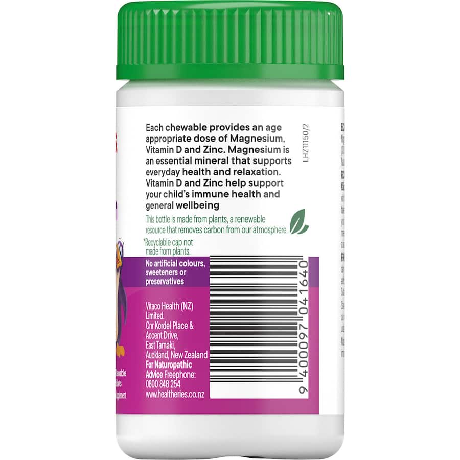 Chewable supplement for kids with magnesium, vitamin D, and zinc to support health, relaxation, and immunity.
