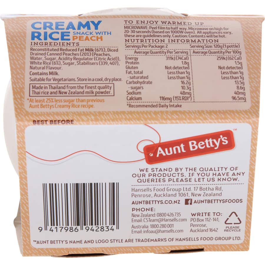 Aunt Bettys Creamed Rice Rich Peach 240g 120g pottles 2pack
