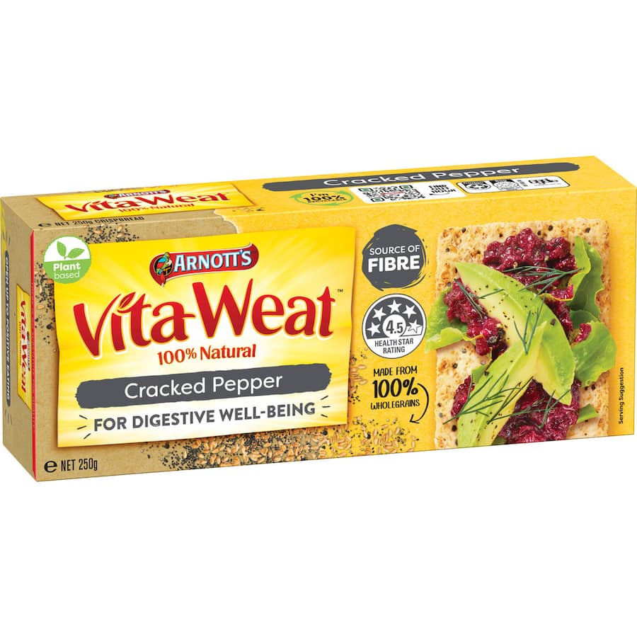 Crispbread infused with cracked pepper, made from 100% natural ingredients, cholesterol-free, perfect for healthy snacking.