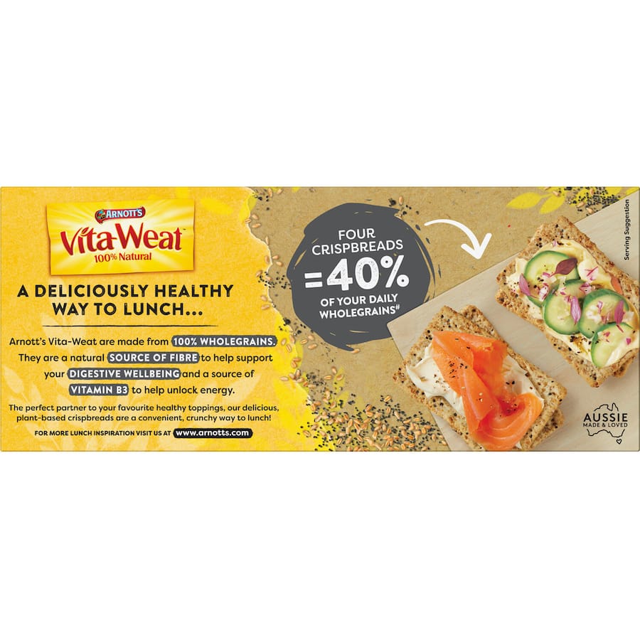Arnotts Vita Weat Crispbread with cracked pepper; 100% natural, fiber-rich, and cholesterol-free for healthy snacking.
