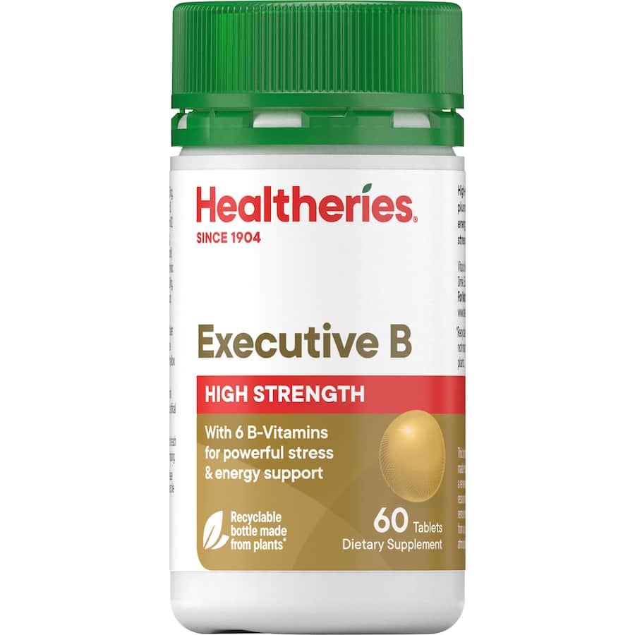 Bottle of Healtheries Executive Vitamin B Stress Control capsules, promoting stress relief and energy boost with essential B vitamins.