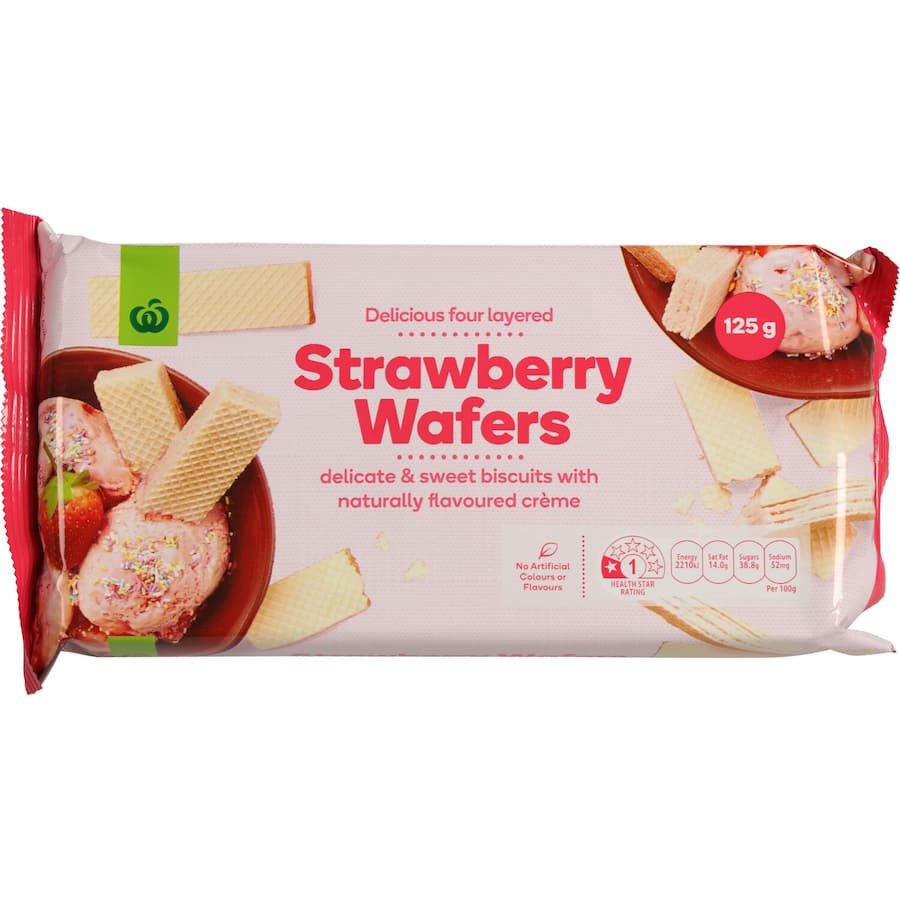 Delicious four-layered strawberry wafers filled with smooth, natural strawberry creme, perfect for snacking or tea-time.