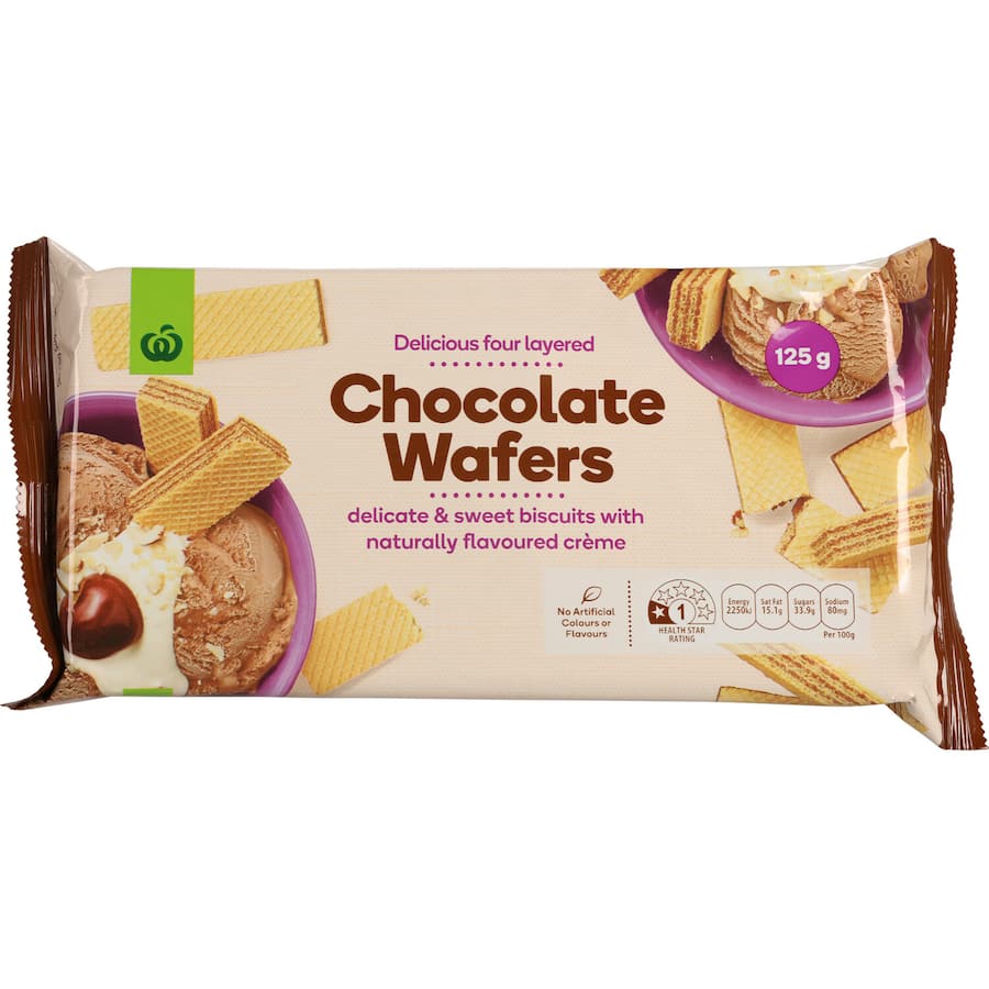 Crispy chocolate wafers with rich chocolate creme center, ideal for snacking or dessert, made without artificial colors or flavors.