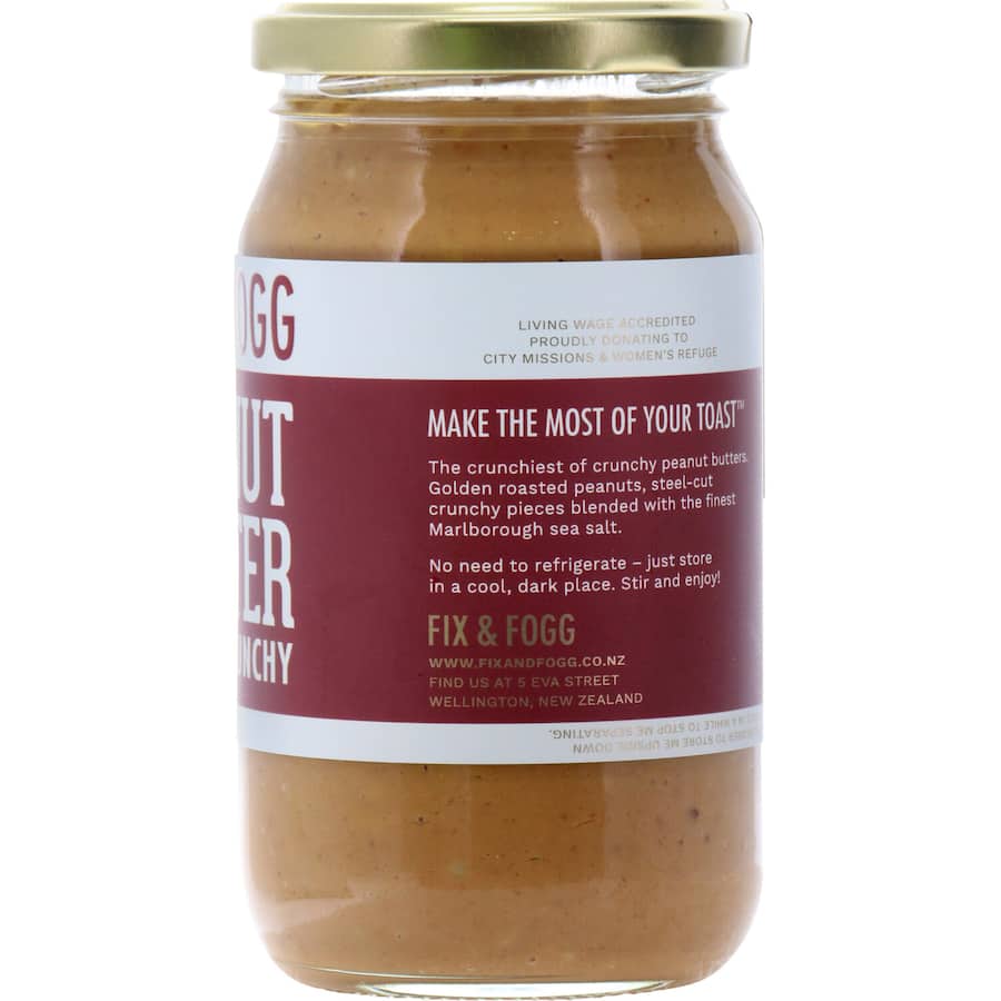 Crunchy Fix & Fogg Peanut Butter made with hi-oleic peanuts and sea salt, perfect for snacks and recipes. Vegan and keto-friendly.