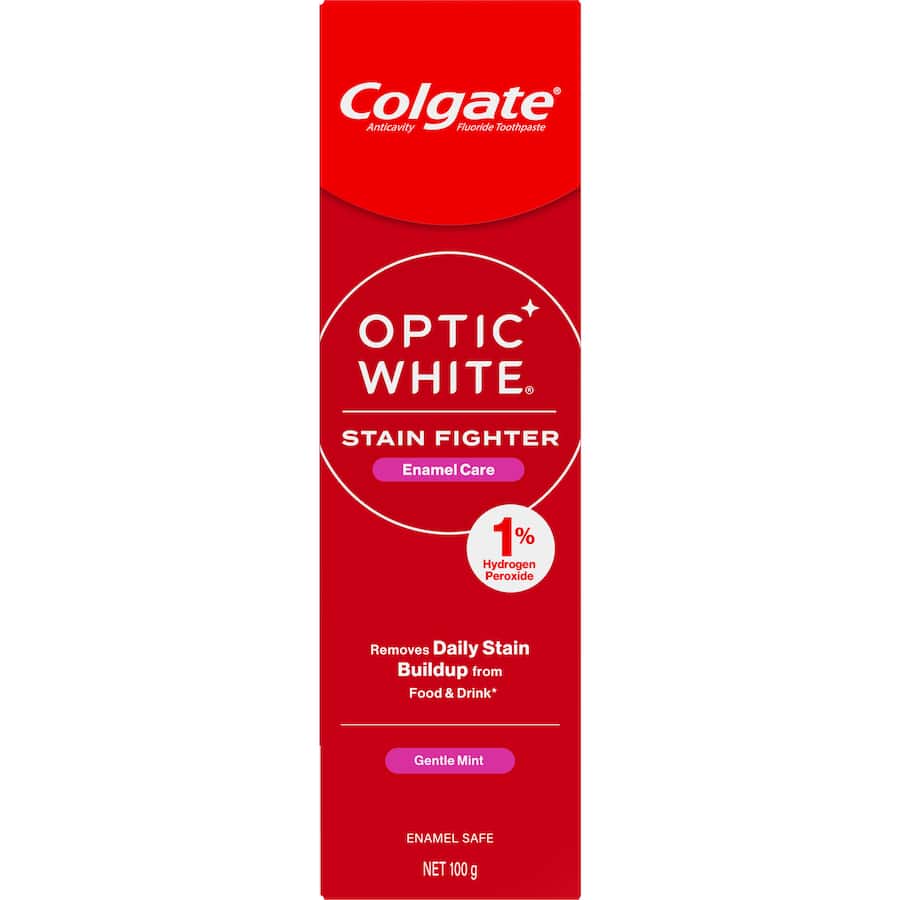 Colgate Optic White toothpaste in Gentle Mint, powerful stain fighter with 1% hydrogen peroxide for enamel-safe whitening.