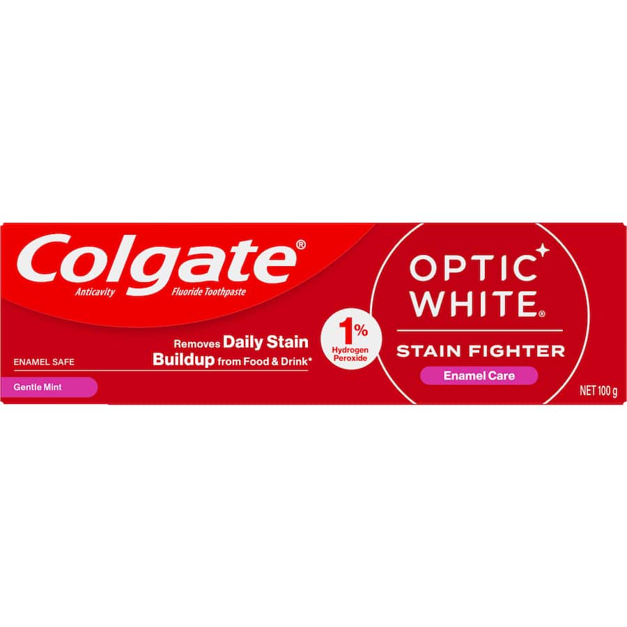 Colgate Optic White Toothpaste in Gentle Mint, fights stains and whitens teeth safely with 1% hydrogen peroxide for a bright smile.