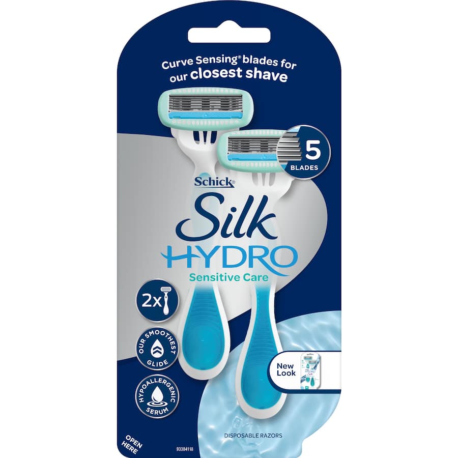 Schick Hydro Silk Disposable Razor with five blades, hydrating gel reservoir, designed for a close, irritation-free shave.