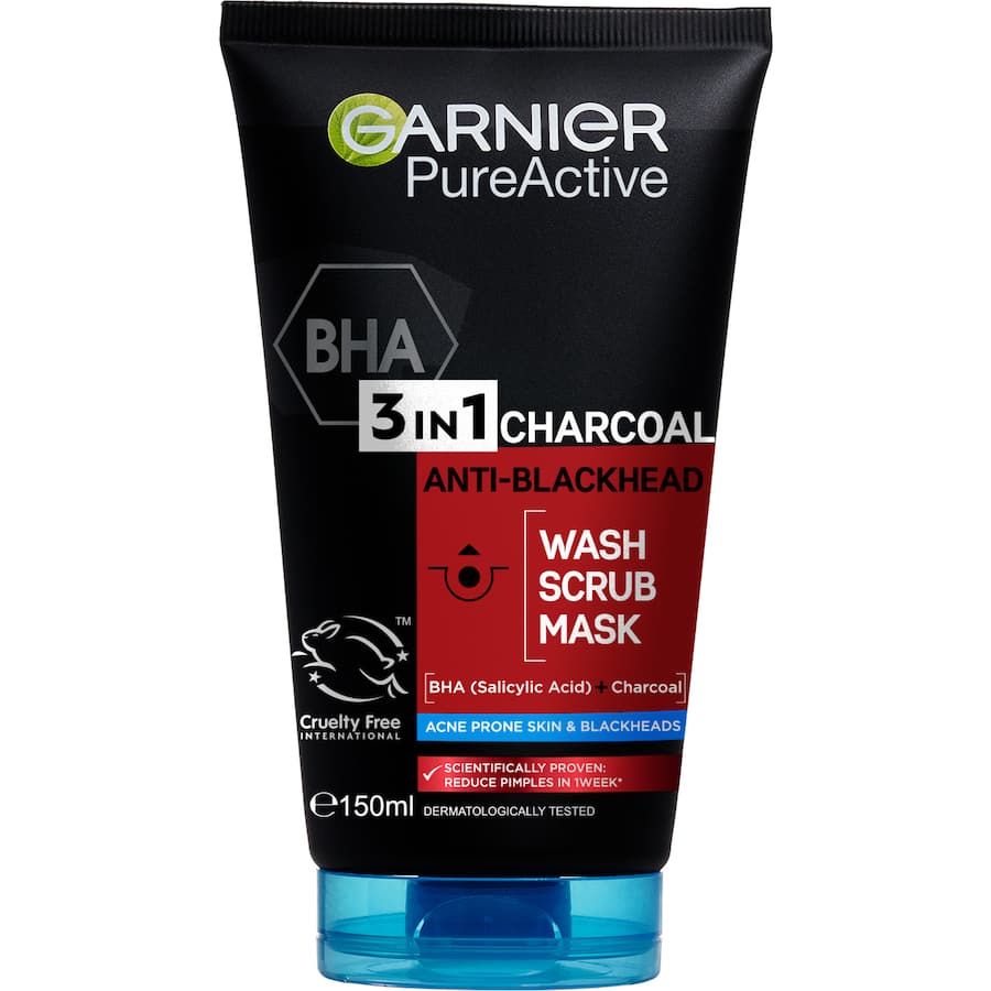 Garnier Pure Active Charcoal 3-in-1 scrub and mask with Salicylic Acid, charcoal, and blueberry extract for clear, smooth skin.