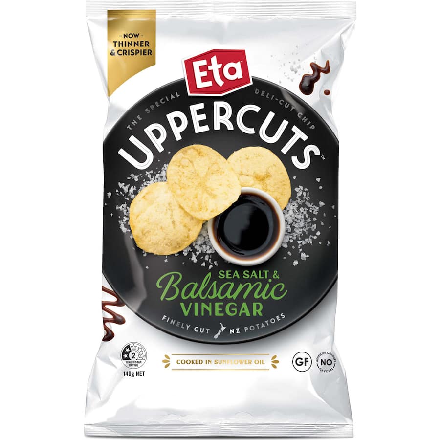 Thinly sliced, gluten-free deli cut chips with sea salt and tangy balsamic vinegar flavor, made from NZ potatoes.