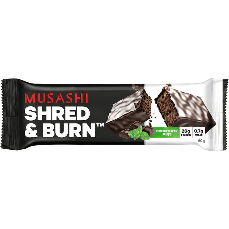 Musashi Protein Bar Chocolate Mint: a nutritious snack with 20g protein, minty flavor, perfect for fitness enthusiasts.
