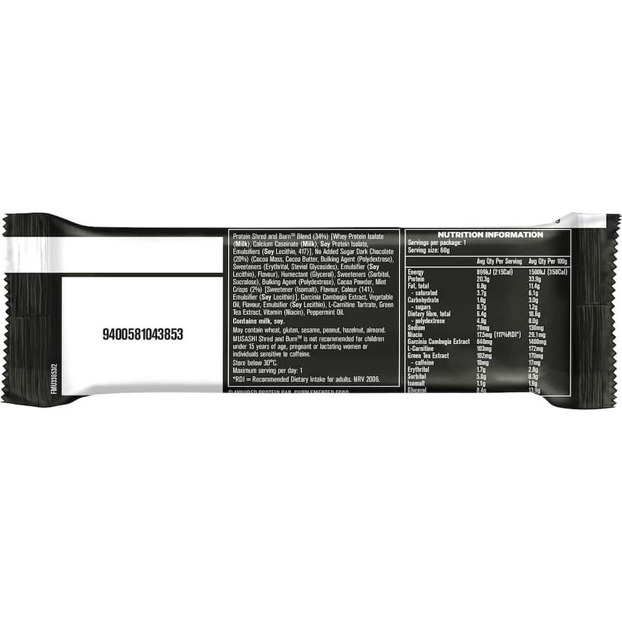 Musashi Protein Bar Chocolate Mint wrapped, offering 20g protein, mint-chocolate flavor, and weight management support.