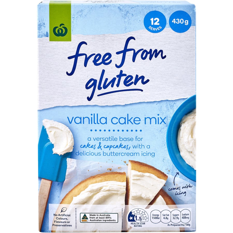 Woolworths Free From Gluten Cake Mix Vanilla, 430g, perfect for gluten-free cakes and cupcakes with rich vanilla flavor.