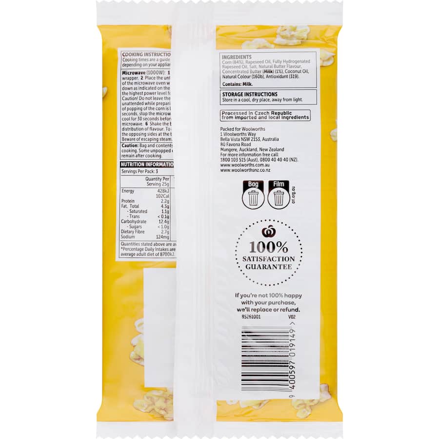 Woolworths Popcorn Microwave Butter 85g