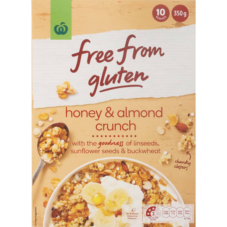 Woolworths gluten-free cereal with honey and almonds, enriched with linseeds, sunflower seeds, and vitamin E, packed in 350g.