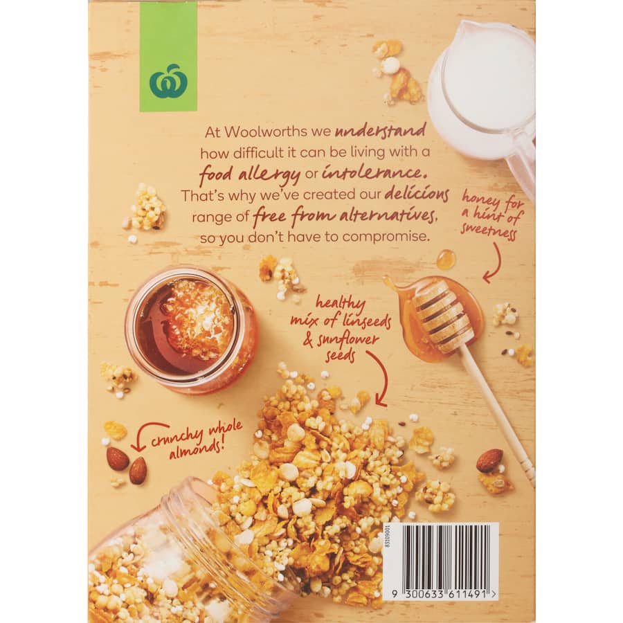 Woolworths gluten-free cereal featuring honey, crunchy almonds, linseeds, and sunflower seeds in a 350g pack.