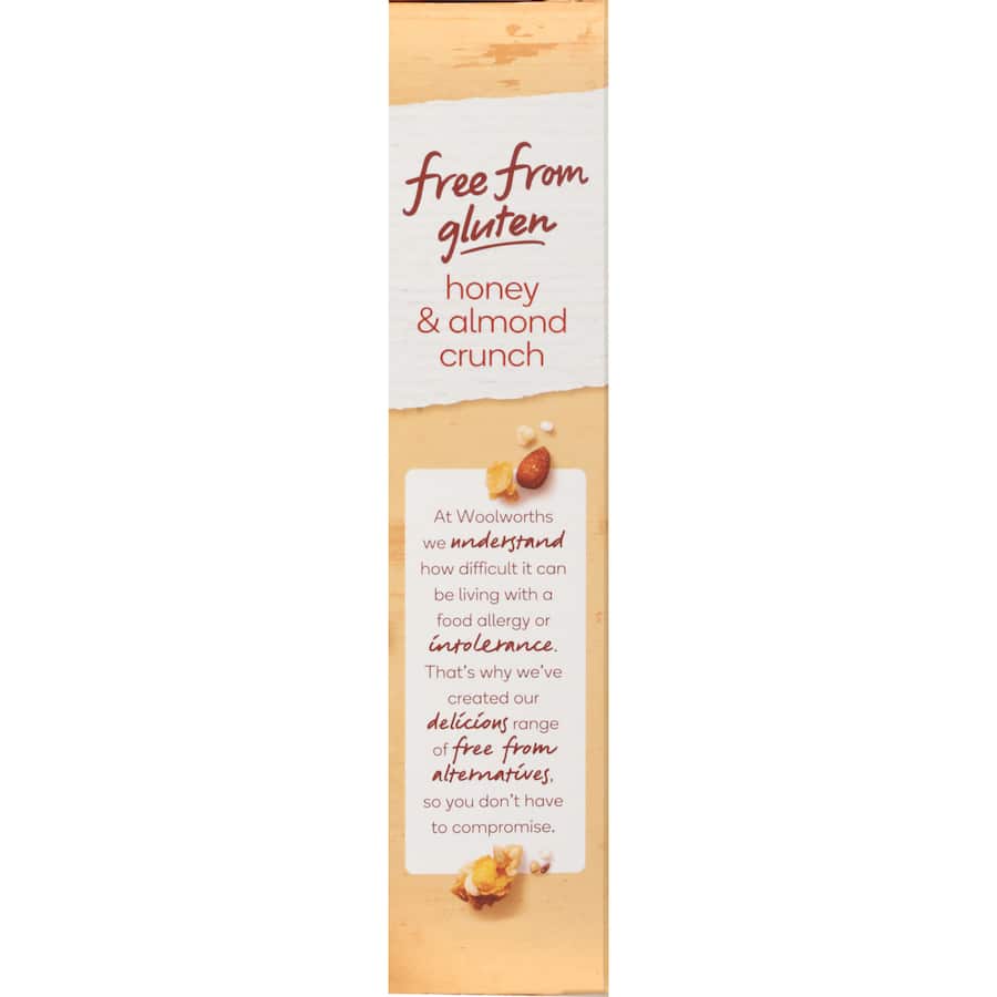 Woolworths gluten-free cereal featuring honey, crunchy almonds, and nutritious seeds in a 350g pack.