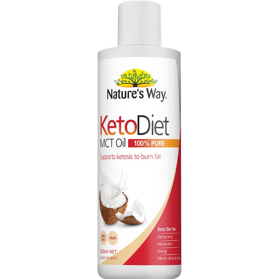 Nature's Way Keto MCT Oil bottle, pure coconut-derived supplement for enhanced cognitive function and energy on a ketogenic diet.
