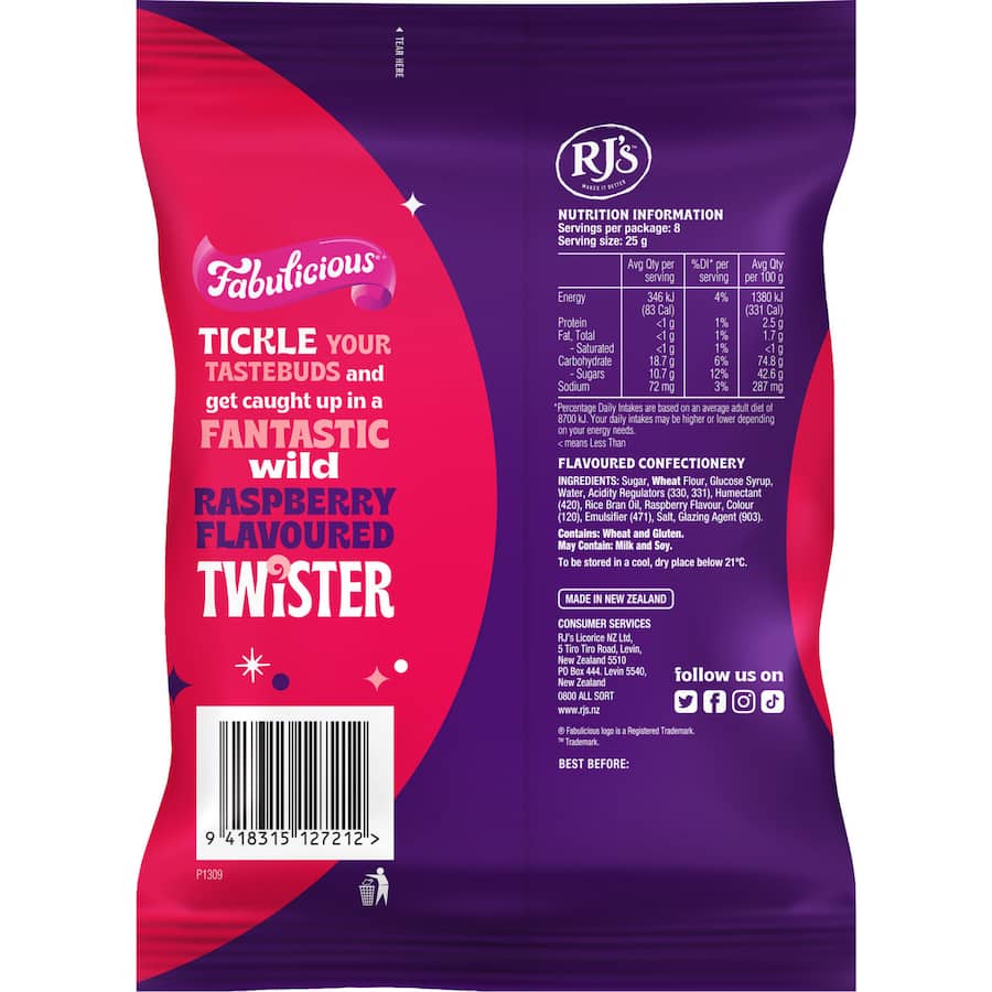 Vibrant Fabulicious Raspberry Twister candy showcasing a delicious raspberry-flavored licorice treat for all ages.