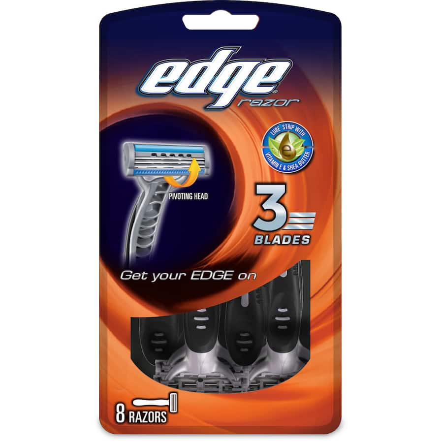 Close-up of Edge Disposable Razor with 3 stainless steel blades, ergonomic handle, and lubrication strip for a smooth shave.