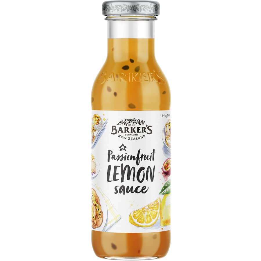 Barkers Passionfruit Lemon Topping, a vibrant sauce perfect for drizzling on desserts, enhancing flavors and presentation.