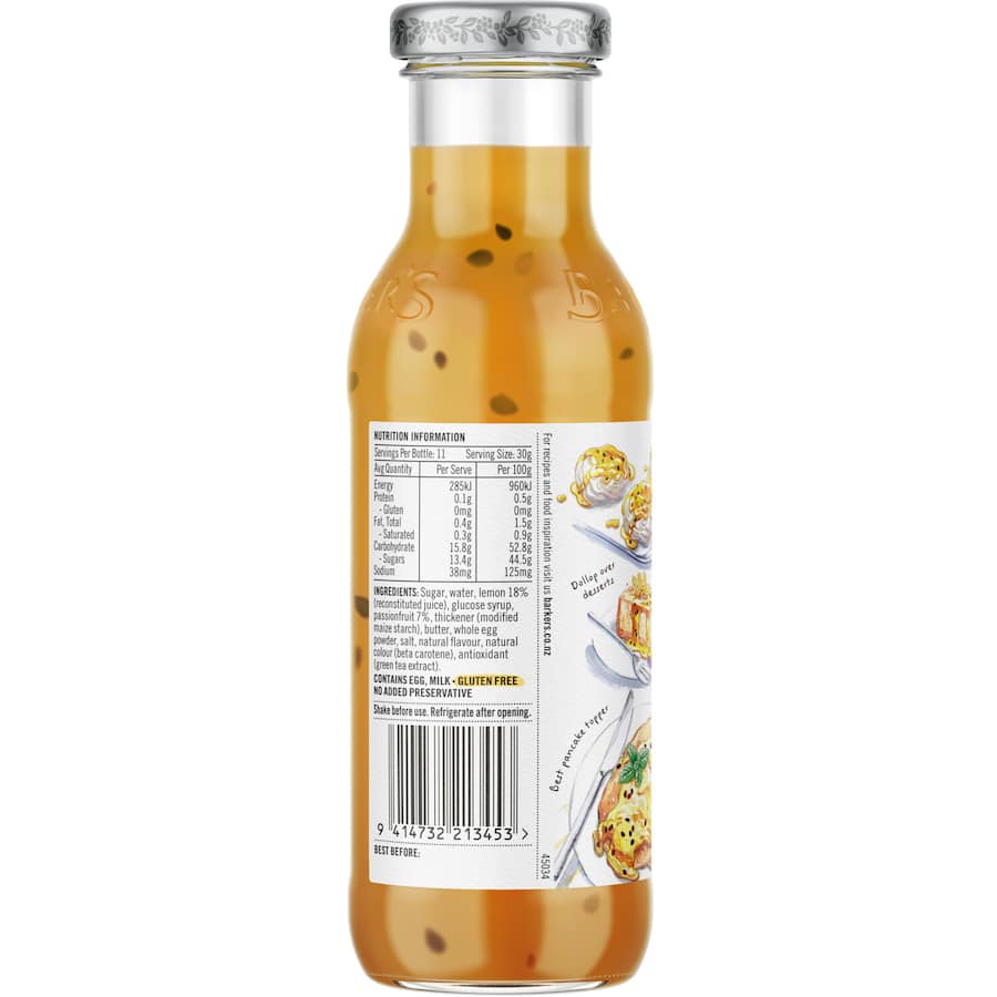 Barkers Passionfruit Lemon Topping, a vibrant sauce ideal for cheesecake and desserts, enhancing flavor and presentation.
