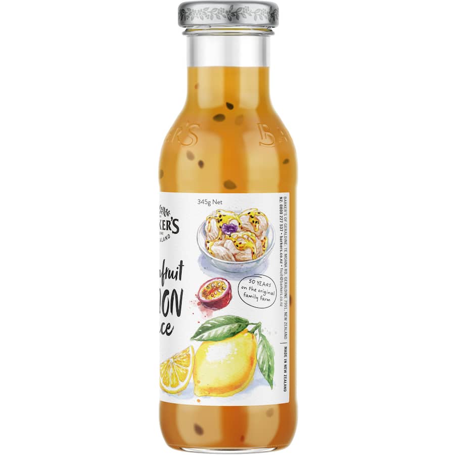 Barkers Passionfruit Lemon Topping, a vibrant sauce for desserts, blending tropical flavors and a velvety texture.