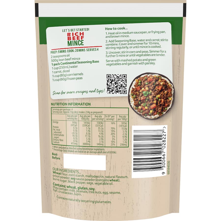 Continental Meal Base Rich Beefy Mince, a flavorful base for quick family dinners, made with real ingredients, no additives.