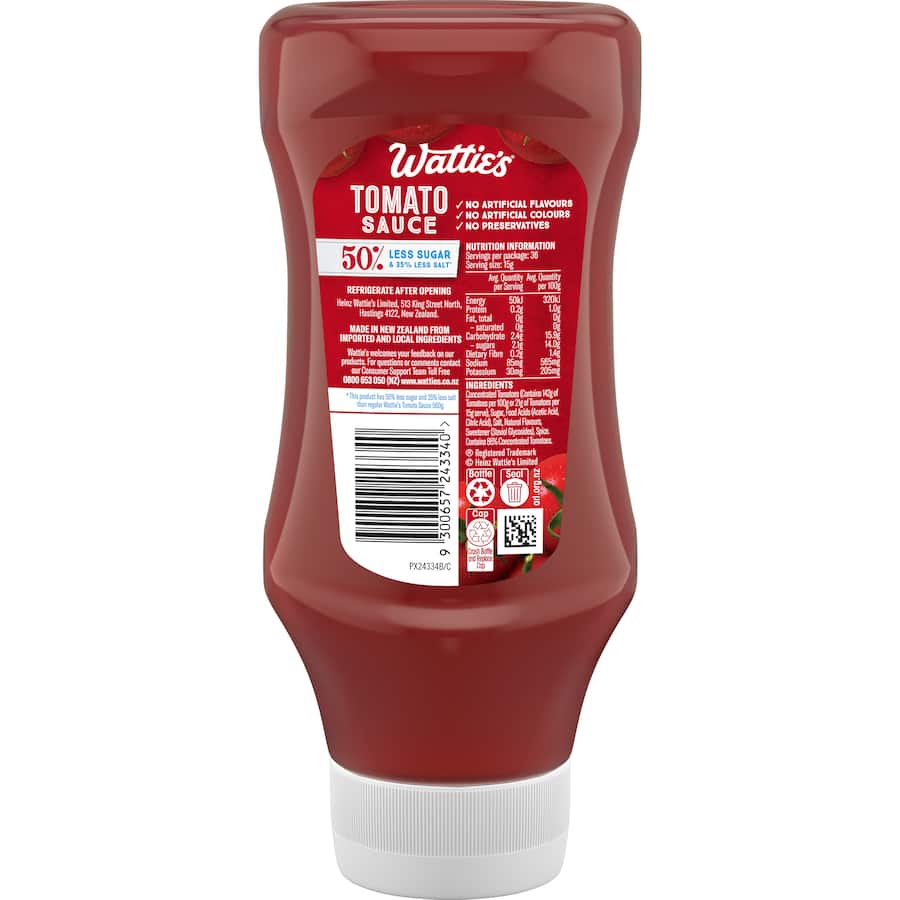 Wattie's Tomato Sauce 50% Less Sugar in a 560g bottle, a healthier condiment with rich flavor, 50% less sugar, and no preservatives.