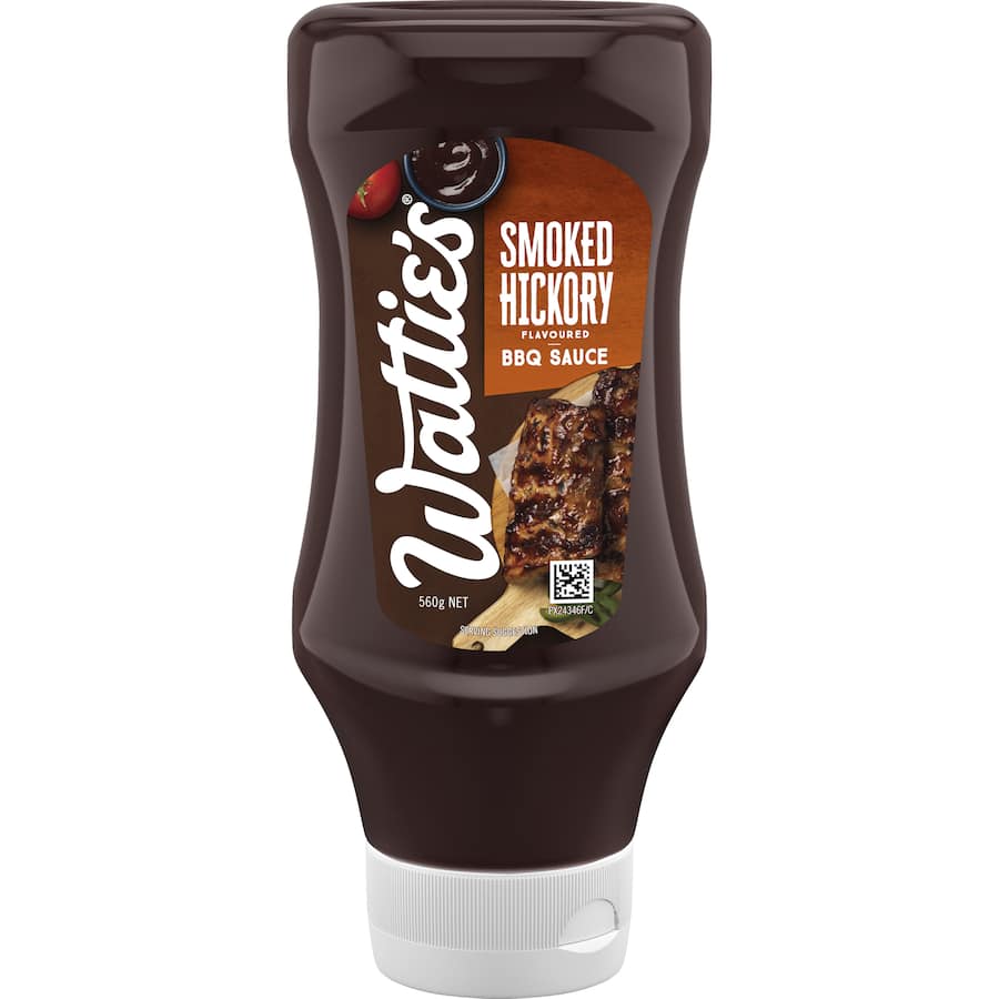 Wattie's Smoked Hickory BBQ Sauce bottle, showcasing rich flavor ideal for marinades and grilling meats at barbecues.