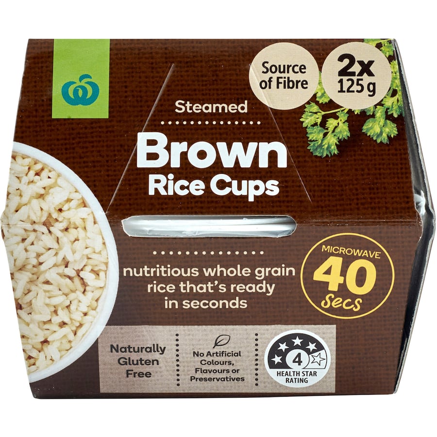 Microwaveable Woolworths Brown Rice packs, ready in 40 seconds, gluten-free, nutritious whole grain option for quick meals.