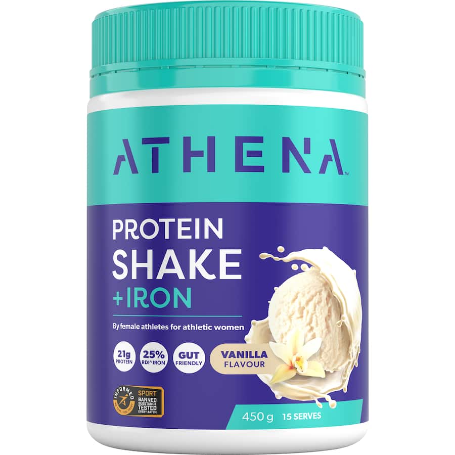 Athena Protein Shake Vanilla, a low-carb blend fortified with Iron, Vitamin C, and Digestive Enzymes for optimal sports nutrition.