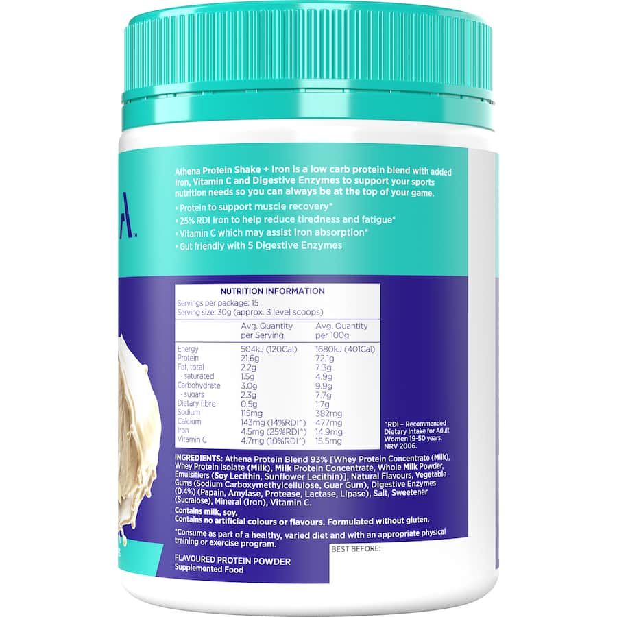 Vanilla protein shake with added Iron and Vitamin C, designed for muscle repair and optimal sports performance.