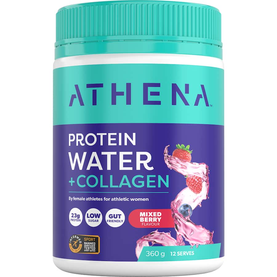 Athena Protein Water + Collagen Mixed Berry, a hydrating drink with whey protein and collagen for muscle recovery and joint health.