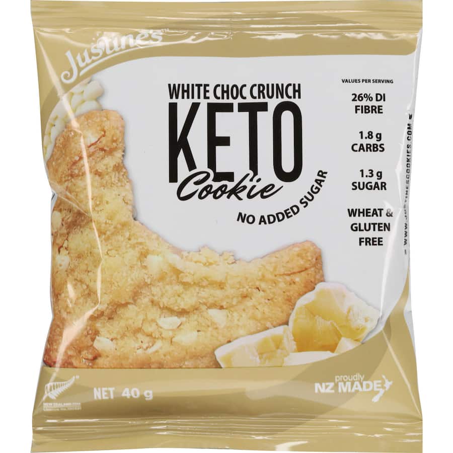 Justine's Keto Cookies White Choco Crunch: delicious, low-carb, gluten-free cookies with rich white chocolate flavor.