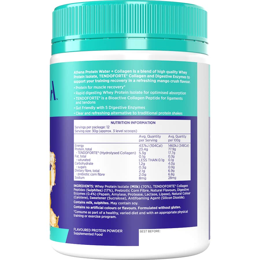 Mango-flavored protein water with collagen for enhanced recovery and hydration during workouts.