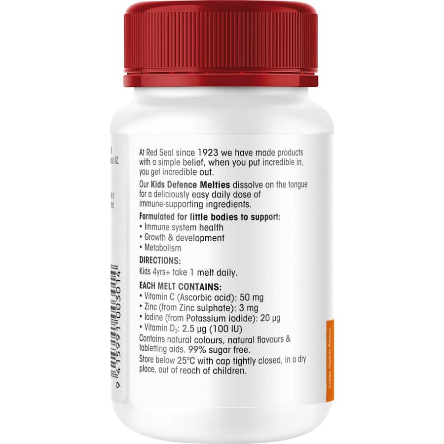Orange-flavored Red Seal Kids Melties Defence with Vitamin C and Zinc, promoting immune health for children.