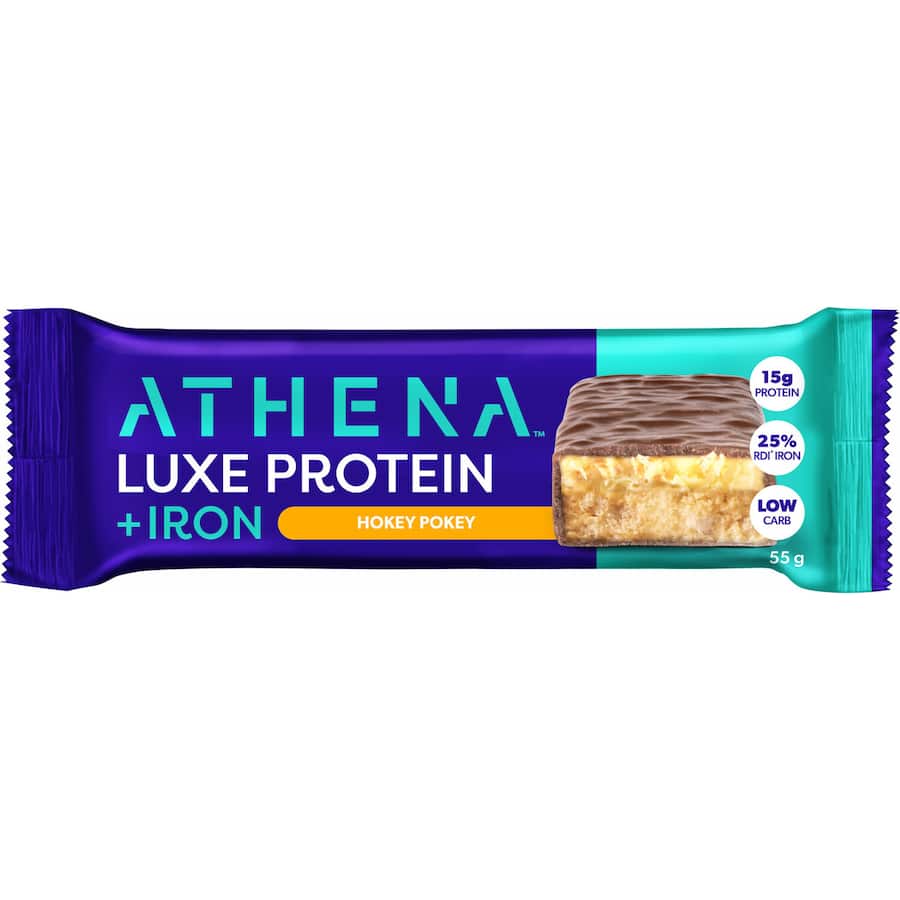 Athena Luxe Protein Bar in Hokey Pokey flavor, coated in chocolate with 15g of protein and 25% RDI of iron for women's nutrition.