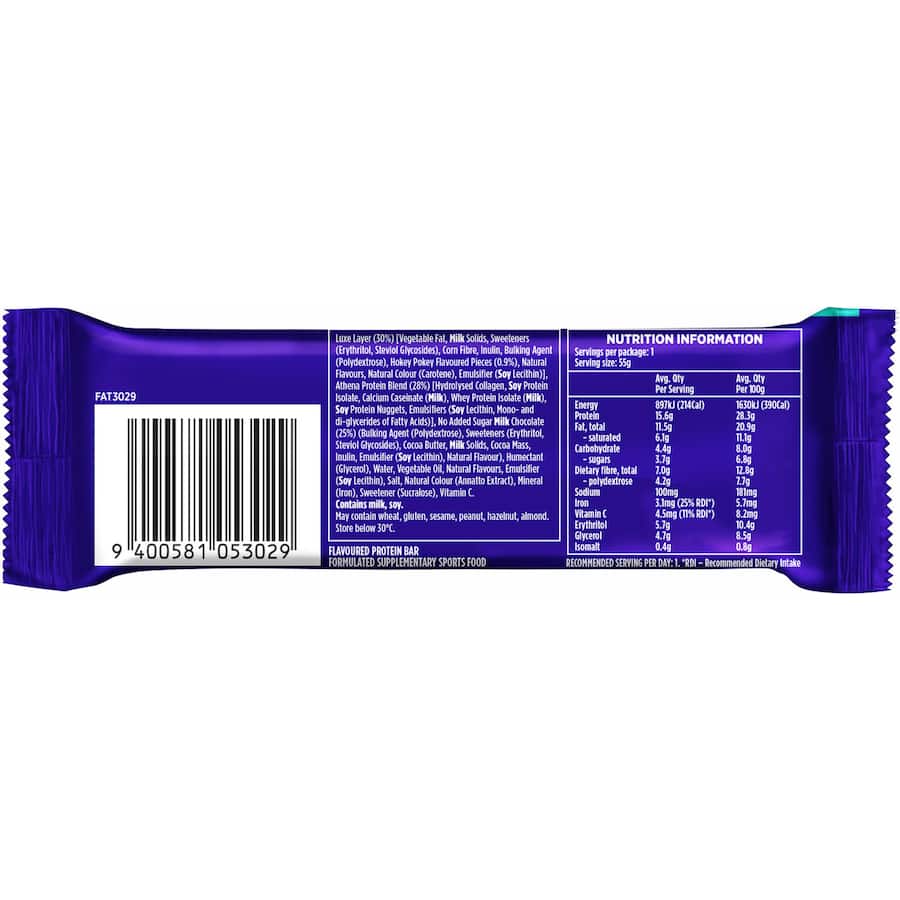 Athena Luxe Protein Bar in Hokey Pokey flavor, rich chocolate coating, 15g protein, 25% iron RDI, perfect for on-the-go nutrition.