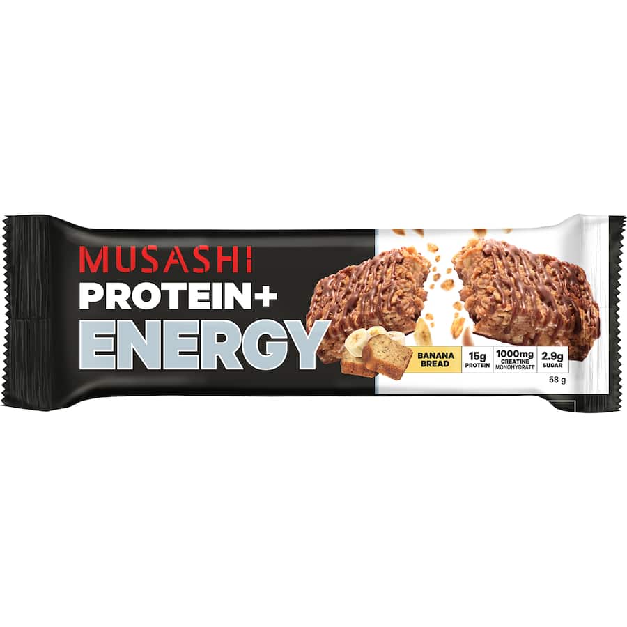 Musashi Protein Bar Banana Bread with oaty texture, milk choc drizzle, 15g carbs, perfect for energy and recovery.