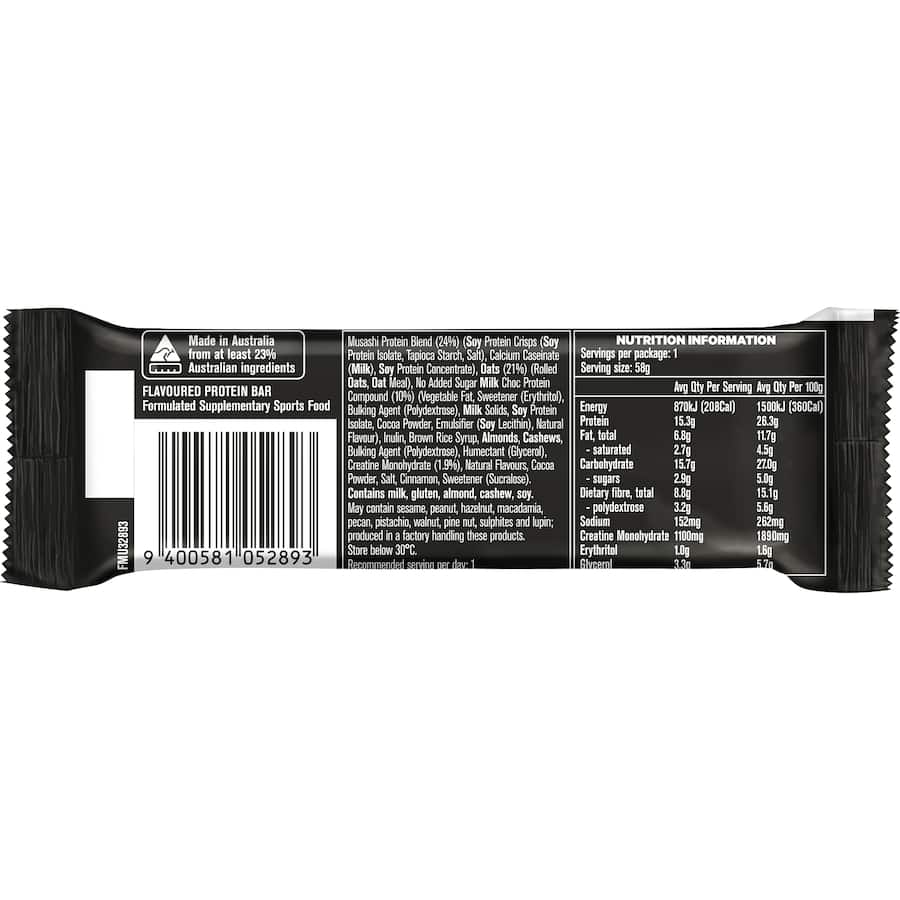 Musashi Protein Bar Banana Bread, a nutritious snack with 15g carbs, low-sugar, oat texture, and delightful banana flavor.