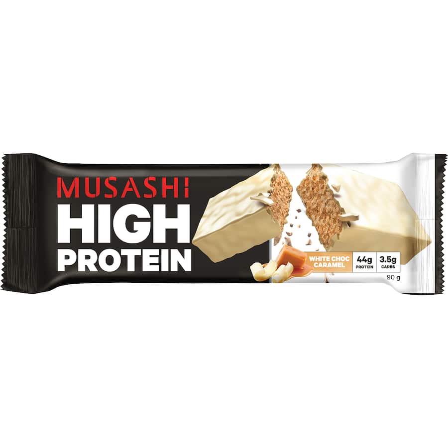 Musashi High Protein Bar with white chocolate coating and salted caramel center, offering 44g protein and low carbs.