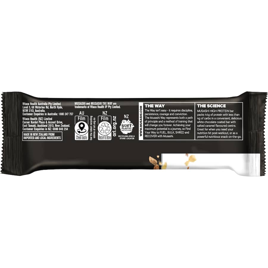 Musashi High Protein Bar in White Chocolate Caramel, packed with 44g protein, low-carb, gluten-free, and deliciously indulgent.