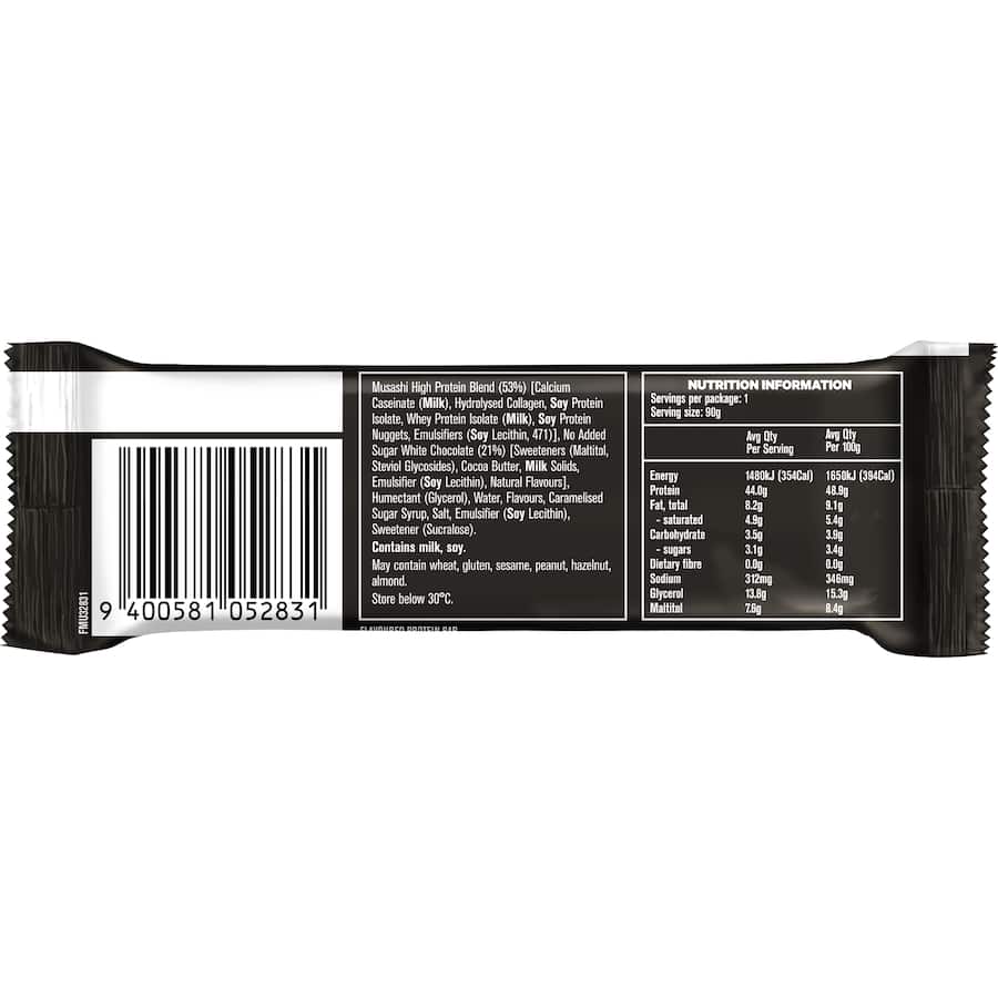 Musashi High Protein Bar in White Chocolate Caramel with 44g protein, low-carb, gluten-free, ideal for on-the-go nutrition.